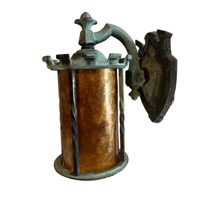 Mission Early 20th Century Original Verdigris Patina Bronze Outdoor Wall Sconce With Mica Shade For Sale - Image 3 of 10