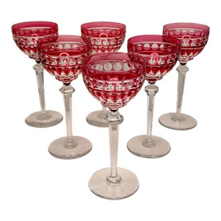 Val St Lambert "Zermatt Cut Avon" Red-Cut-To-Clear, Wine Glasses- Set of 6 For Sale