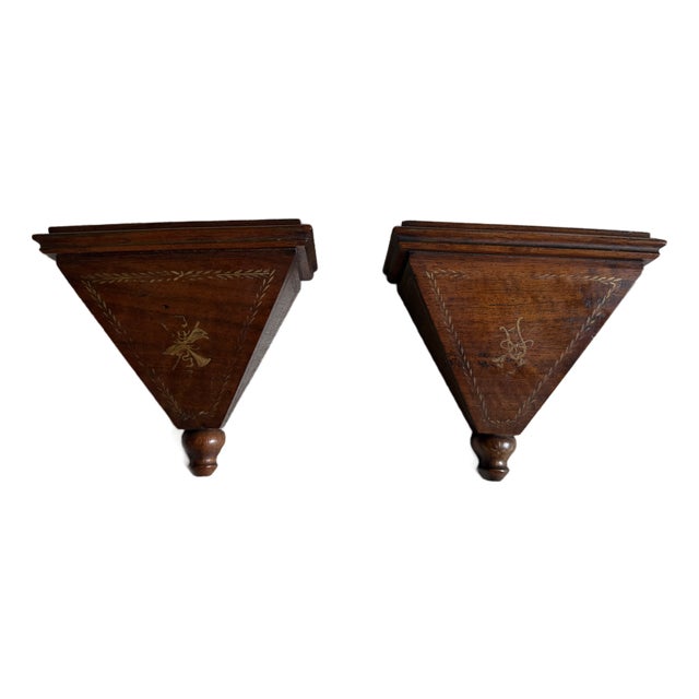 Pair of Vintage Italian Wall Bracket Shelves With Hand Painted Gold Decoration — Neoclassical Carved Wood Corbels, Maker's Mark, Mid-Century Italian For Sale