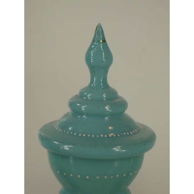 Sky Blue Mid 19th Century Vases Victorian Mantel 3-Pc. Set Bristol Glass Blue Opalescent Hand-Painted Floral Enamel For Sale - Image 8 of 12