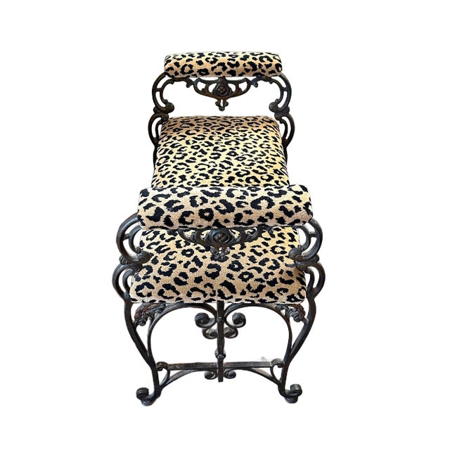 1930's Wrought Iron Spanish Baroque Leopard Upholstered Bench For Sale - Image 4 of 9