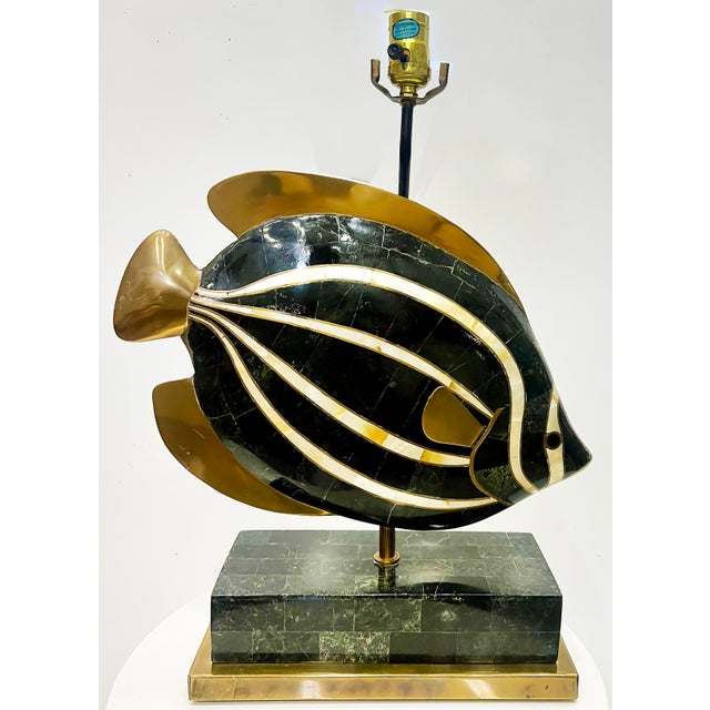 1980s Maitland Smith Tessellated Fish Lamp in Stone, Abalone, and Brass Offered for sale is a 1980s Maitland Smith...