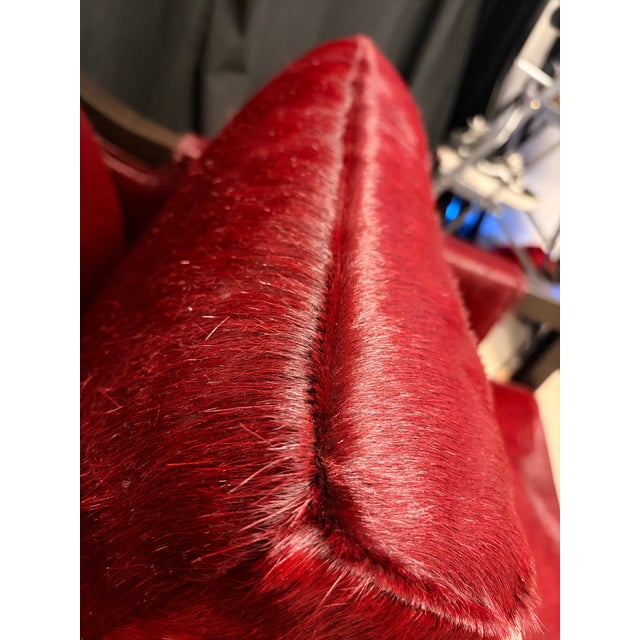 Authentic Holly Hunt Vienna Secession Lounge Chair, Custom Upholstered in Rich Burgundy/Cabernet Mohair and American Black Walnut Exposed Frame For Sale - Image 17 of 17