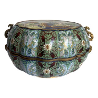 Vintage Chinese Cloisonné Pumpkin Form Lidded Vessel With Phoenix & Peony Decoration For Sale