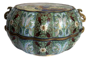 Vintage Chinese Cloisonné Pumpkin Form Lidded Vessel With Phoenix & Peony Decoration