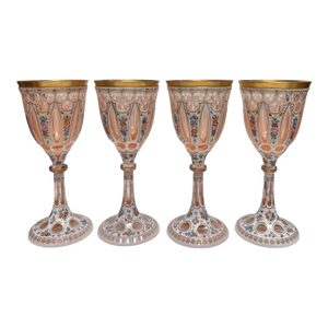 Set of 4 Moser Bohemian Enameled Decorated Cut Crystal Wine Stem Glasses