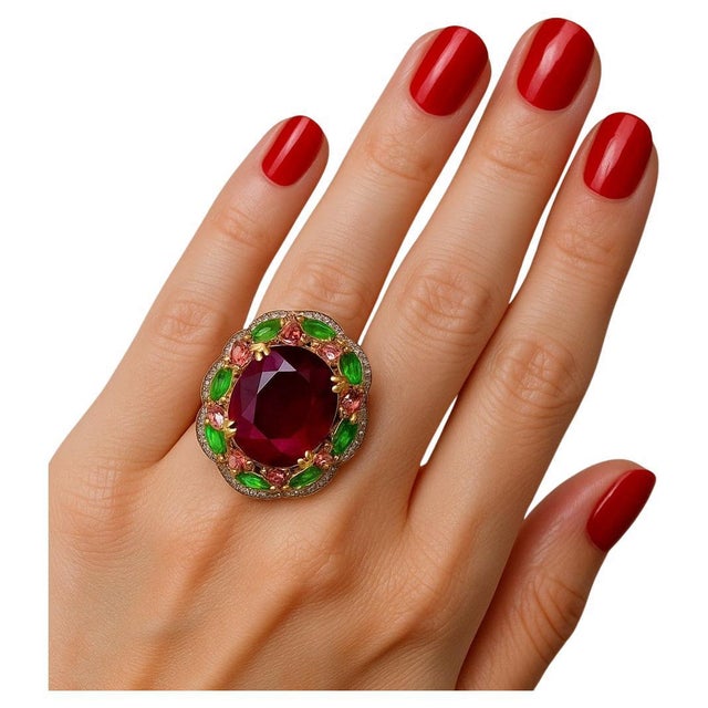 Bochic “Orient” Vintage Emerald, Ruby & Pink Tourmaline Ring Set 18 K Gold & Sil For Sale - Image 4 of 11