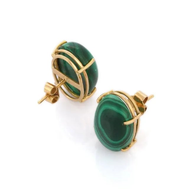 Not Yet Made - Made To Order 12.45ct Elliptical Malachite Solitaire Stud Earrings in 18k Yellow Gold- 2 Pieces For Sale - Image 5 of 9