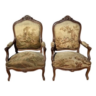 Large 18th Century French Louis XV Solid Walnut Bergere or Armchair- A Pair For Sale