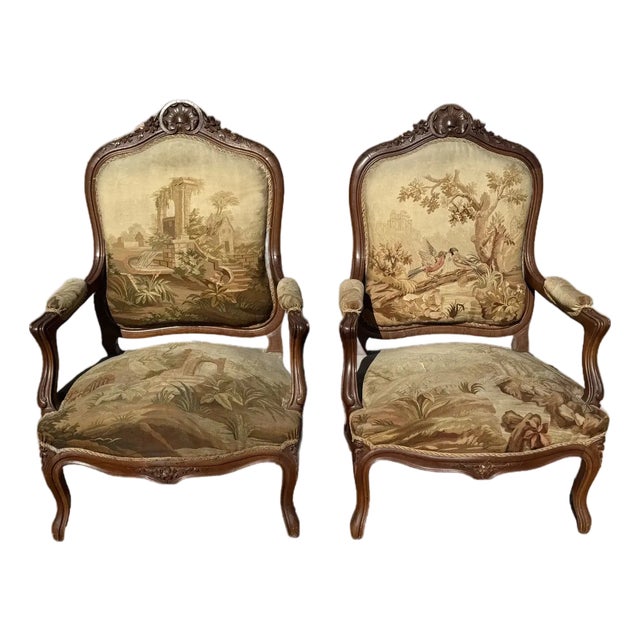 Large 18th Century French Louis XV Solid Walnut Bergere or Armchair- A Pair For Sale