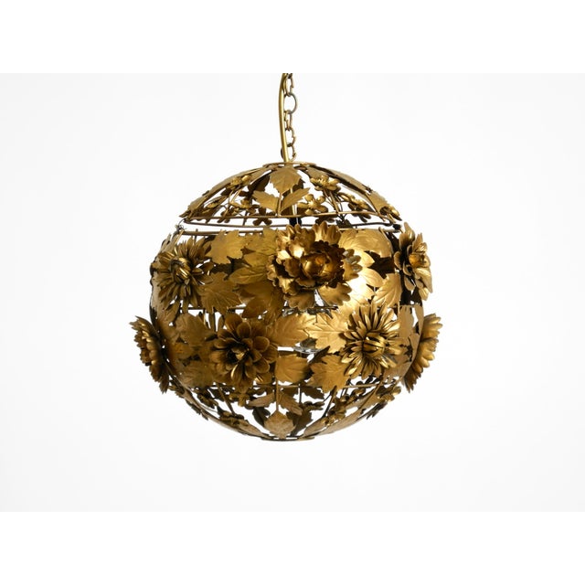A beautiful, rare 1970s round floral regency-style metal ceiling lamp. comes with a lovely, intricate floral design with...