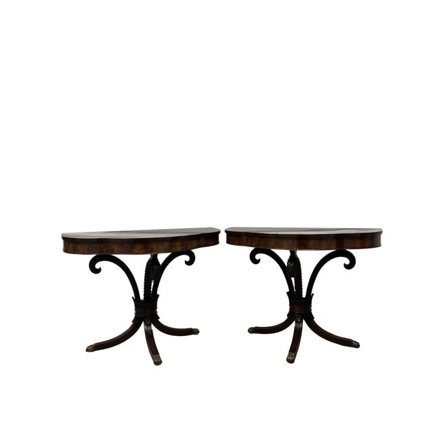 Wood Pair of Antique Regency Style Flame Mahogany Demilune Console Tables For Sale - Image 7 of 12