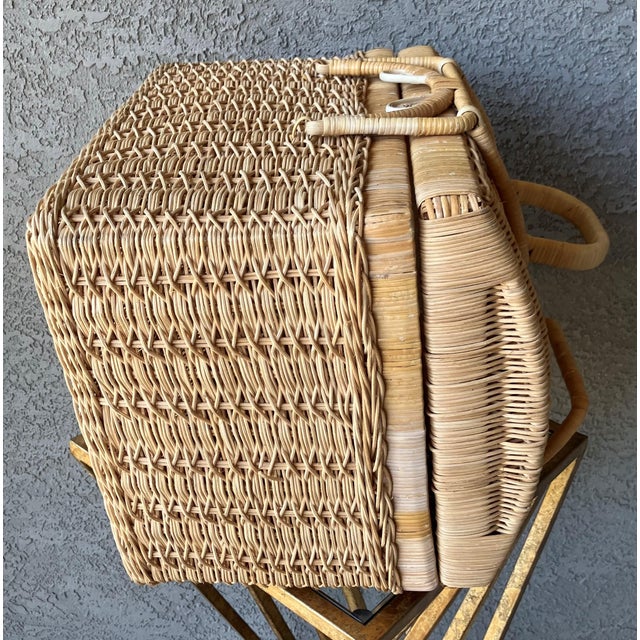 Circa 1970 Coastal Chic Nicely-Sized Decorative Rattan Sewing Basket With Folding Latch Handles For Sale - Image 10 of 15