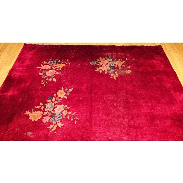 Antique Chinese Art Deco Rug, Hand-Knotted Wool, Crimson Floral Design, 10x14 For Sale - Image 18 of 18