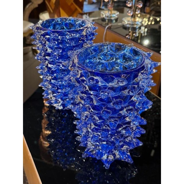 Early 21st Century Pair of Royal Blue Murano Glass Vases in Rostrada Glass For Sale - Image 5 of 6