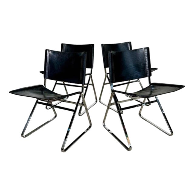 Italian Leather and Stainless Steel Dining Chairs, Italy 1970 For Sale