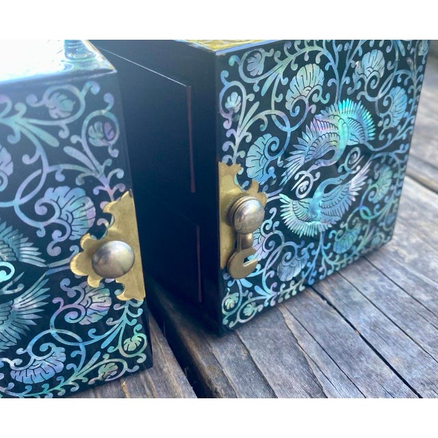 Wood Late 20th Century Hollywood Regency Style Black Lacquer & Abalone Jewelry Cabinet For Sale - Image 7 of 13