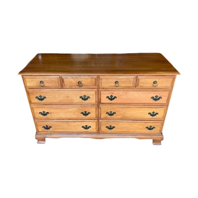 Vintage c.1970's Solid Hard Rock Maple Dresser. Classic colonial or early American styling with original brass hardware....