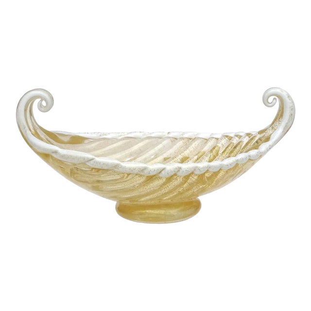 Barovier Toso Murano Vintage Gold Leaf White Trim Italian Art Glass Gondola Footed Bowl For Sale