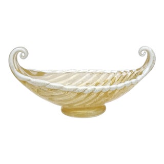 Vintage Barovier Toso Murano Gold Leaf White Trim Italian Art Glass Gondola Shaped Footed Bowl For Sale