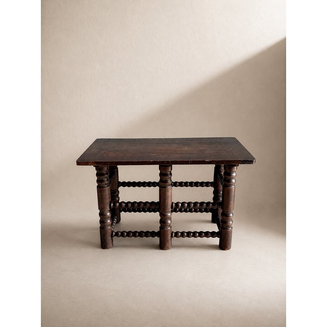 Antique Six-Legged Oak Console Table with Bobbin-Turned Legs and Stretchers attributed to Charles Dudouyt, 1940s For Sale - Image 9 of 11