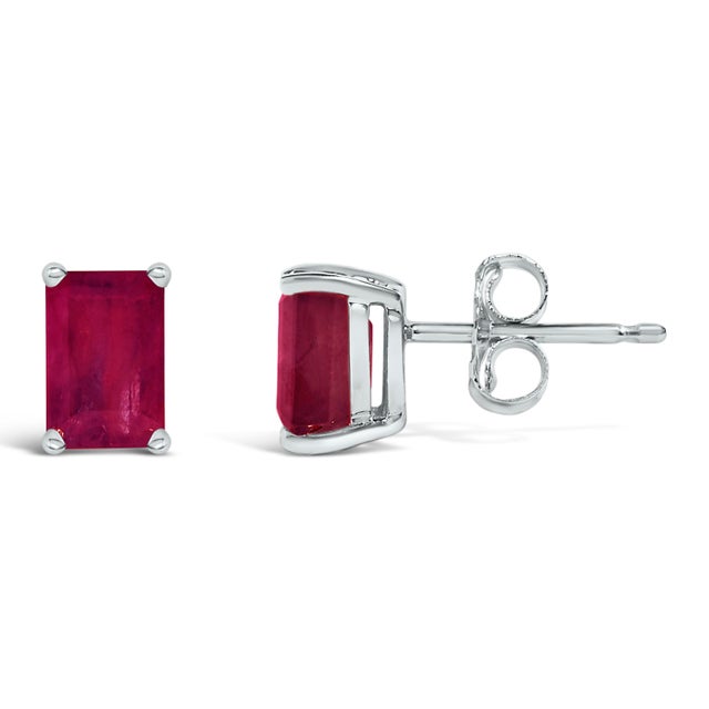 Contemporary 14K White Gold 6x4MM Emerald Shaped Ruby Solitaire Stud Earrings For Sale - Image 3 of 5