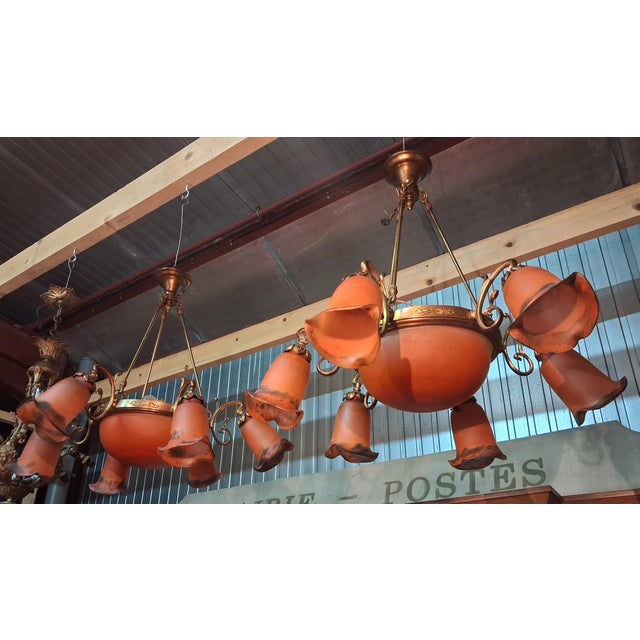 Art Nouveau Chandeliers in Bronze and Orange Glass Paste, 1950s, Set of 2 For Sale - Image 6 of 9