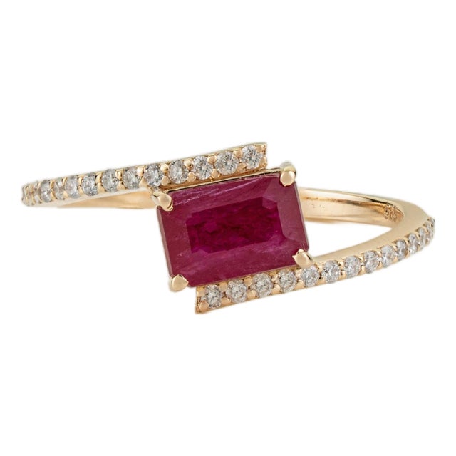 1.25ct Emerald Cut Prong Set Red Ruby Diamond Bypass Ring Size 7 in 14k Gold For Sale