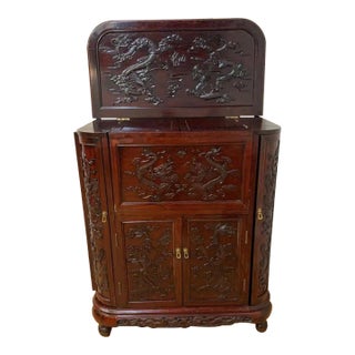 Mid Century Modern Carved Ornate Chinese Rosewood Flip Top Dry Bar Cabinet For Sale