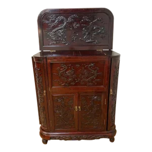 Mid Century Modern Carved Ornate Chinese Rosewood Flip Top Dry Bar Cabinet