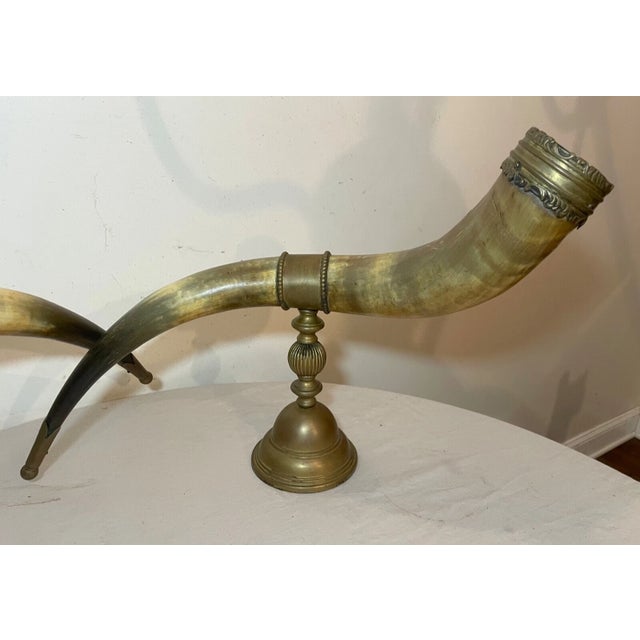 Metal Huge Pair of Antique Bronze Mounted Read Horn Cornucopia Decor Statues Garniture For Sale - Image 7 of 16