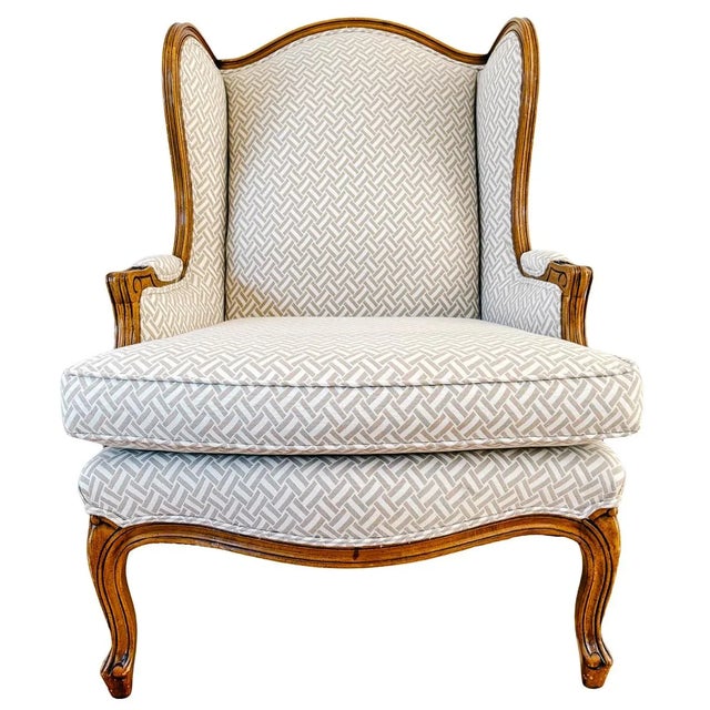 French Provincial Wingback Chairs With Geometric Upholstery Attributed to Baker - A Pair For Sale - Image 9 of 18