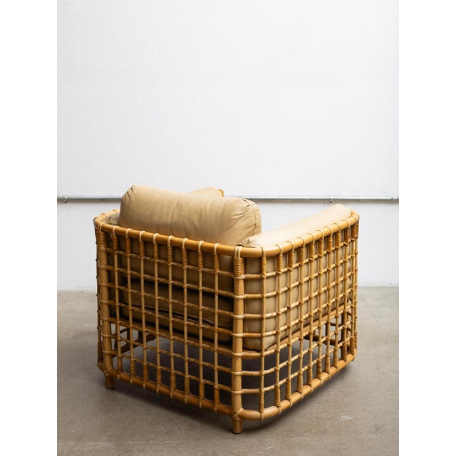 Rattan & Leather Chair With Ottoman Attributed to Henry Olko For Sale - Image 4 of 17