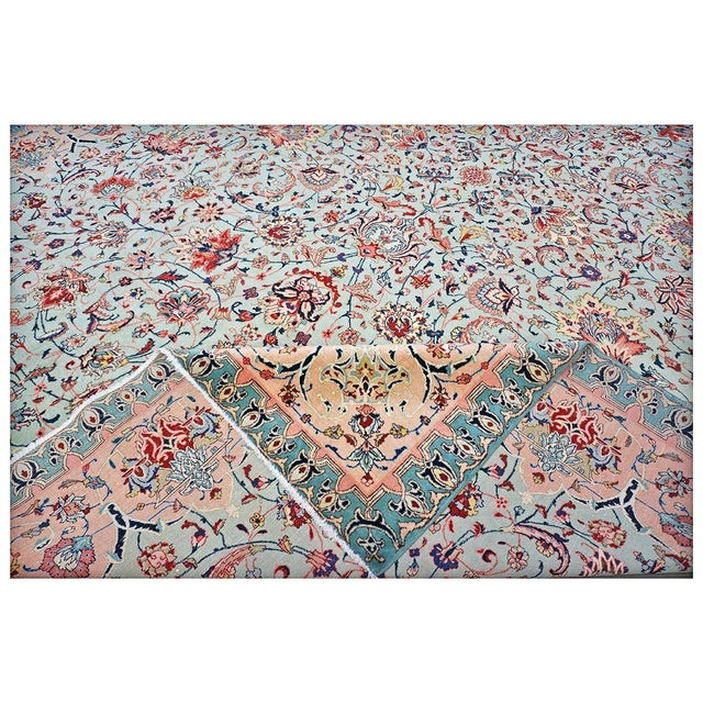 Textile Antique Persian Tabriz Emad Wool 9X12 Red, Mint Green & Pink Handmade Area Rug #9902603 For Sale - Image 7 of 9