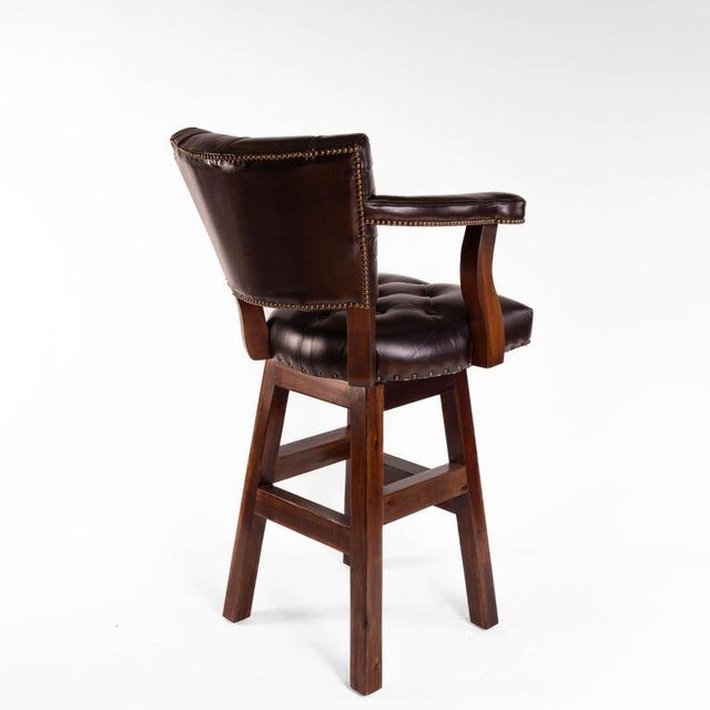 Classic Tufted Dark Brown Leather Bar Stool Chesterfield Counter Stool Trophy Ranch Tufted Bar Stool Black Stool Swivel Western Arm Stool For Sale - Image 4 of 6