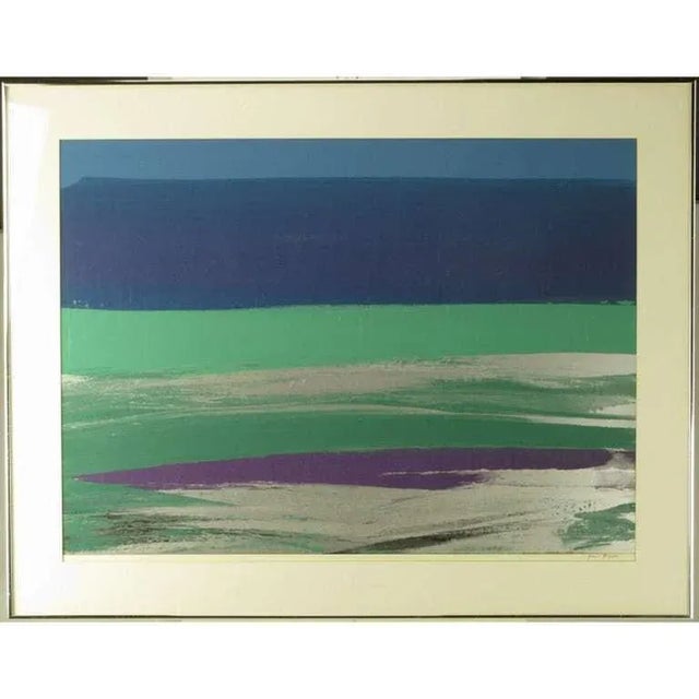 Large and richly colored lithograph in blue, turquoise green and lavender purple, with silver and black screened overlay...