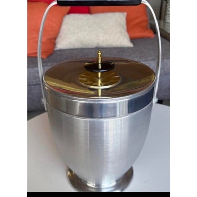 Mid-Century Atomic Era Kromex Chrome & Brushed Aluminum Ice Bucket W/Gold Finial 8.5 W - 10.5 H - Including raised handle...