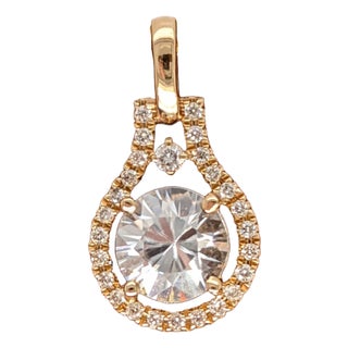 1.8Ct White Zircon Pendant With Natural Diamonds: Solid 14k Gold, Round 6.5mm For Sale