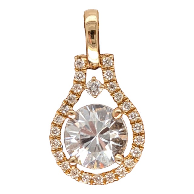 1.8Ct White Zircon Pendant With Natural Diamonds: Solid 14k Gold, Round 6.5mm For Sale