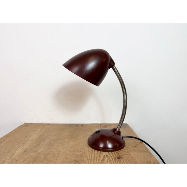 Brown industrial adjustable gooseneck table lamp made by Elektroinstala Děčín in former Czechoslovakia during the 1960s....