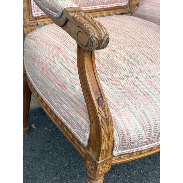 Vintage Louis XVI Carved Wood and Upholstered Arm Chairs - A Pair For Sale - Image 10 of 12
