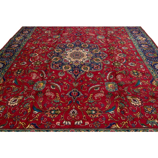 10 X 11 Handmade Vintage Tabriz Red Wool Rug With Rosette Design For Sale - Image 4 of 8