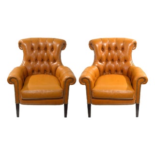 Pair of Ferguson Copeland Tufted Leather Club Lounge Chairs For Sale