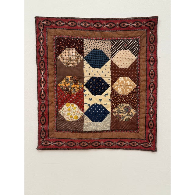 Vintage Traditional Americana Geometric Quilted Textile Art, Brown, Navy, Cream For Sale - Image 12 of 12