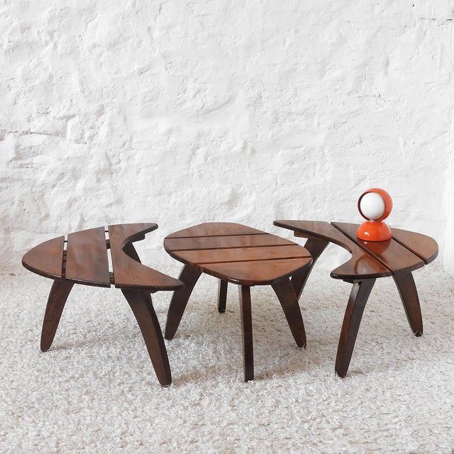 Three Mid-Century Modern coffee tables in solid oak, can be placed together or separately; indoor/outdoor use Rausch...