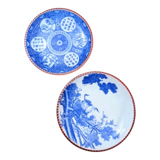 Pair of Antique Japanese Meiji Period Blue & White Porcelain Chargers — Crane & Calligraphy, Scalloped Rim, c.1880–1910 For Sale