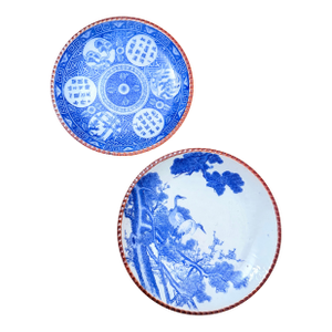 Pair of Antique Japanese Meiji Period Blue & White Porcelain Chargers — Crane & Calligraphy, Scalloped Rim, c.1880–1910
