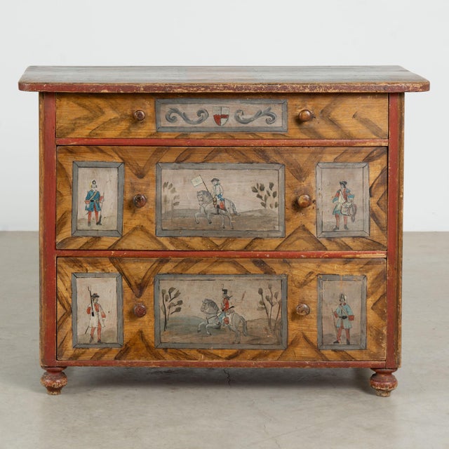 Folk Art 19th Century Original Hand-Painted Pine Chest of Three Drawers With Soldiers on Horseback For Sale - Image 3 of 13