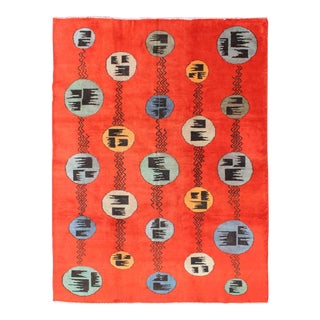 Art Deco Design Vintage Turkish Rug With Circular Motifs in Orange Red Colors For Sale