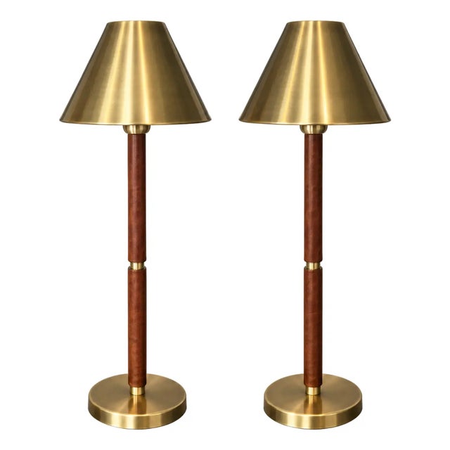 Pair Lauren Ralph Lauren Home Brass & Leather Buffet Table Lamps – 31” Mid-Century Modern Campaign Style Designer Lighting...